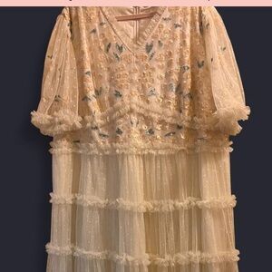 Ivy City Co Cream and Blue Embroidered Midi Dress